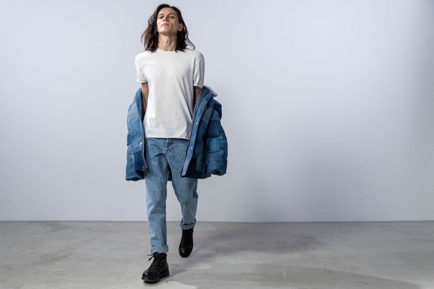 Model in a denim jacket and jeans